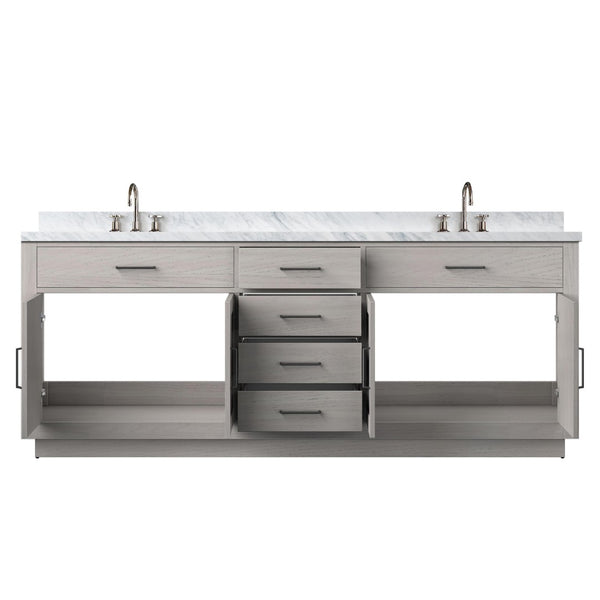 English Elm White Oak Double Bath Vanity 84" W X 22" D, Elegant Carrara Marble Top & Chrome Faucet Set Included B2731P257882-GIGA