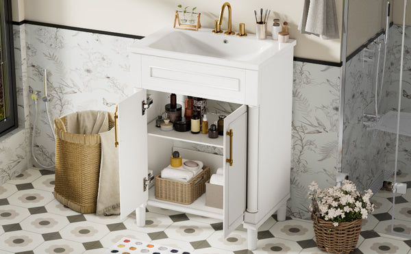 English Elm 24" Bathroom Vanity with Integrated Ceramic Sink and Adjustable Shelf, Vintage Hardware, Space-Saving Design White N710P277711K