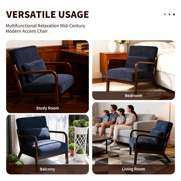 English Elm Mid Century Modern Accent Chair Solid Rubberwood Frame with Lumbar Pillow for Any Room W2989P426383