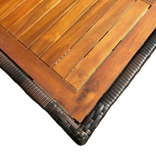 English Elm 7 piece Outdoor Patio Wicker Dining Set with Acacia Wood Table Brown Rattan Cream Cushions, Durable Elegance W329S00053