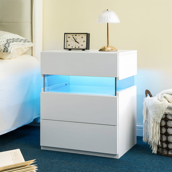 English Elm Led Nightstand with Rgb Acrylic Glow Panel Three Drawers Walnut Bedroom Table White W2178P412300