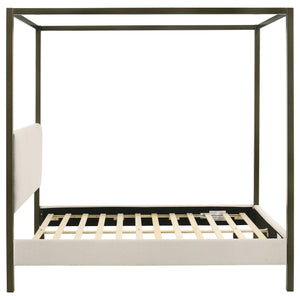 English Elm Mellie Queen Canopy Bed in Vanilla Upholstery with Bronze Four-Post Frame, Padded Headboard & Slats B062S00618