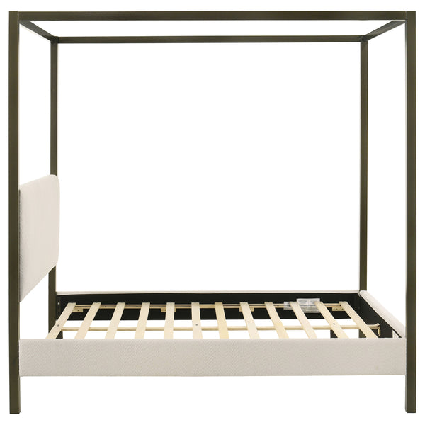 English Elm Mellie Queen Canopy Bed in Vanilla Upholstery with Bronze Four-Post Frame, Padded Headboard & Slats B062S00618