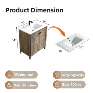 English Elm 30 Inch Floating Bathroom Vanity Fluted Wood Grain Front with Ceramic Integrated Sink Antique Grey W3520S00032