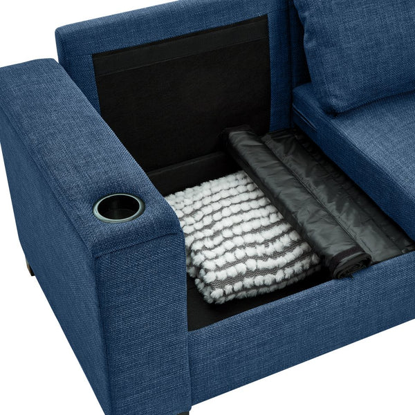 English Elm 67.7" Modern Loveseat Sofa with Cup Holders and Hidden Storage, Polyester Upholstery, Solid Wood Frame Blue W1097S00194