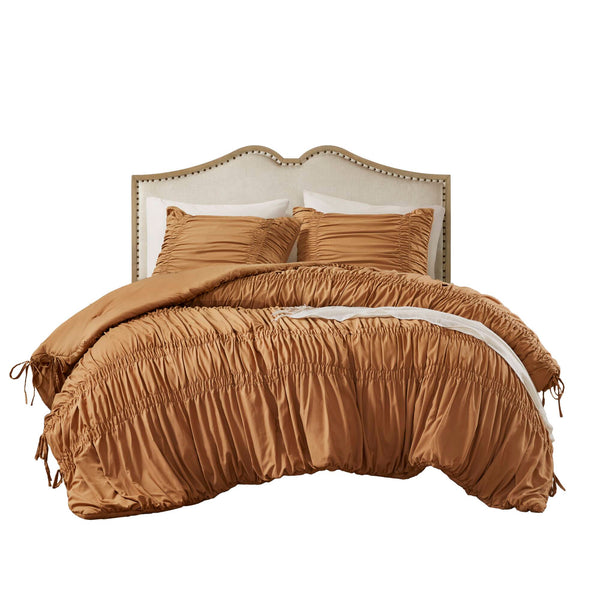 English Elm 2pcs Shabby Chic Ruched Comforter Set Bow Trim Brushed Polyester Fill Romantic Bedroom Brown B035P341088