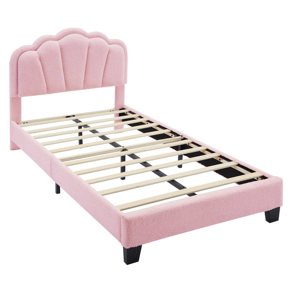 English Elm Twin Flower-Shape Upholstered Bed with LED Headboard, Pink Sherpa Platform Twin Bed for Kids Room Cozy Chic N733P177307H