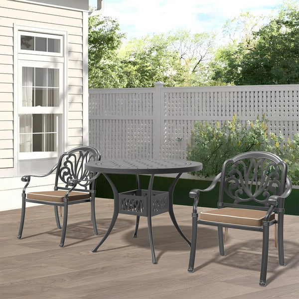 English Elm 3-Piece Elegant Cast Aluminum Patio Set With Plush Brown Cushions For Stylish Outdoor Living W1710S00067