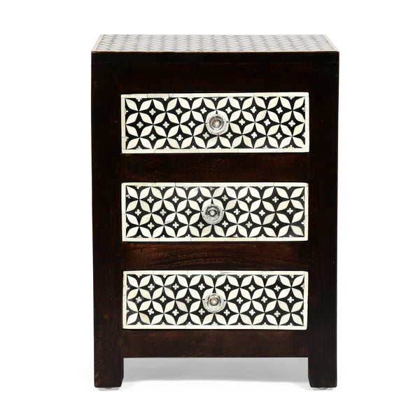English Elm Christopher Knight Home® - WOODEN Mango Wood 3-Drawer Bone Inlay Nightstand in Black-Dark Walnut — Handcrafted Boho Accent Table 69348.00DWALBLK
