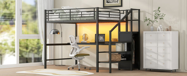 English Elm Full Size Metal Loft Bed With Desk, Storage Staircase, Wardrobe & Led Light - Space-Saving Design GX000620AAD