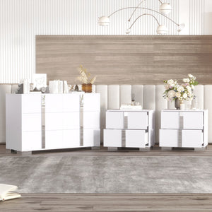 English Elm 3-Pieces Mirrored 6-Drawer Dresser and Two Nightstands with Sleek Metal Legs for Modern Living White 54.25 L x 20.75 W x 8.5 H N733S307938W