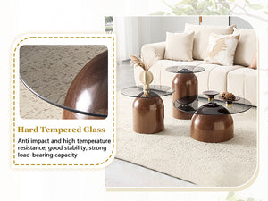 English Elm Nesting Coffee Tables Set of 3 Round Tempered Glass Tops Walnut Steel Base Living Room W2920S00149