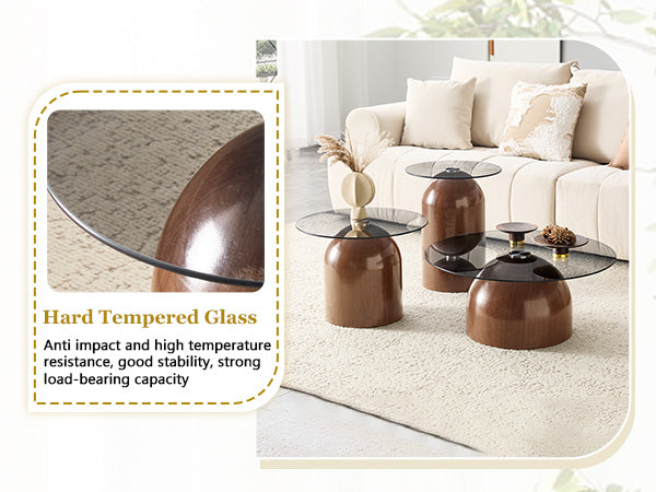 English Elm Nesting Coffee Tables Set of 3 Round Tempered Glass Tops Walnut Steel Base Living Room W2920S00149