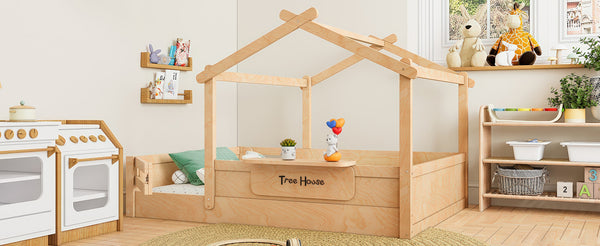 English Elm Twin Low Loft Bed Solid Pine Frame with Built-in Led Lighting and Storage Shelves Natural W1580P396333