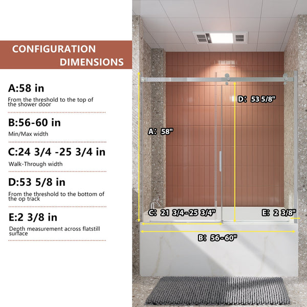 English Elm 56-60 in Semi-frameless Sliding Bathtub Door Matte Black 8mm Tempered Clear Glass W637P349407
