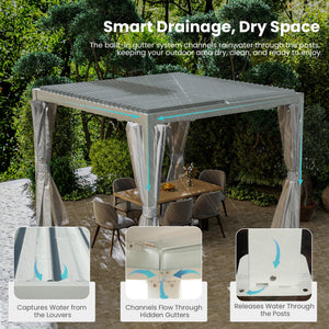 English Elm 10x10 Adjustable Louvered Pergola with Dual Tilt Roof, Integrated Gutter, Durable Aluminum Frame White W1859S00129