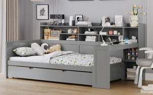 English Elm Wooden Twin Daybed with Trundle, Built-In Desk and Side Storage Shelves for Space-Saving Living Gray 54.4 L x 18 W x 5.6 H N733S242275E