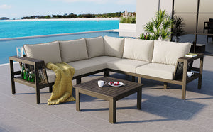 English Elm GO 4 Pieces Outdoor Acacia Wood Sofa Set with Removable Cushions, Woven Armrests & Coffee Table Beige,Grayish Brown N704G201249A