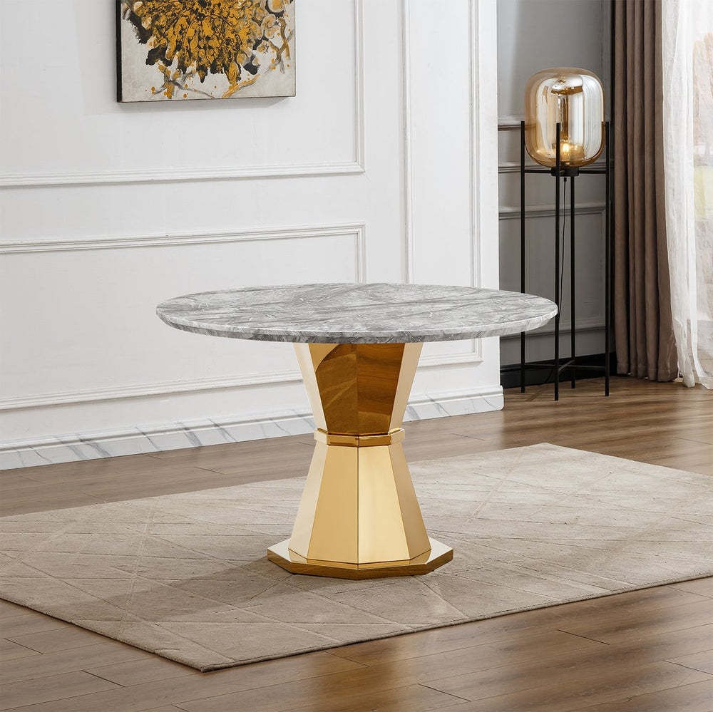 English Elm 47" Round Marble Dining Table - Luxurious Faux Marble Top & Gold Stainless Steel Base For Modern Homes W3456S00006