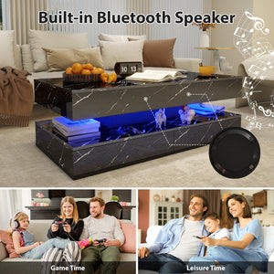 English Elm Coffee Table with Led Lighting Bluetooth Speaker Wireless Charging and Faux Marble Top T3773P415728