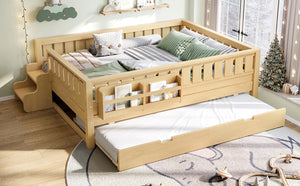 English Elm Twin Kids Platform Bed with Trundle Staircase Bookshelf and Rounded Safety Rails Light Natural W1580S00560