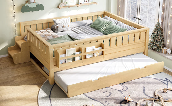 English Elm Twin Kids Platform Bed with Trundle Staircase Bookshelf and Rounded Safety Rails Light Natural W1580S00560