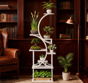 English Elm S-shaped Eight Tier Corner Plant Stand Steel and Fir Wood Sculptural Display Rack White T3971P420979