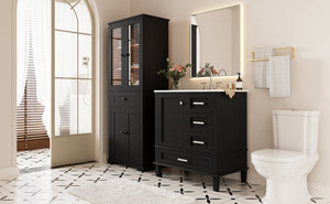English Elm 67.57" Tall Matte Cabinet Vanity Combo with Glass Doors Soft-close Drawers Sink Black N729P000033B