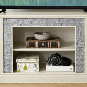 English Elm 70" Modern TV Stand with Faux Stone Top, Spacious 2-Door Media Console with Cable Management and Adjustable Shelves, Vintage Metal Handles, Durable MDF Construction for Living Room Entertainment (Fits up to 75") White W2275P342690