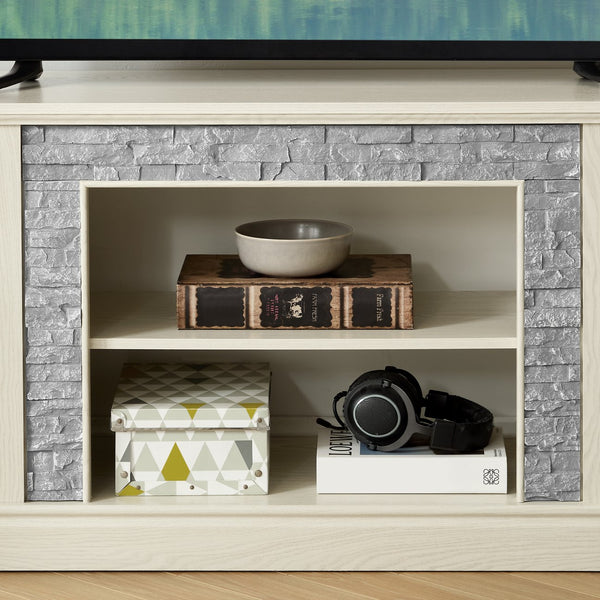 English Elm 70" Modern TV Stand with Faux Stone Top, Spacious 2-Door Media Console with Cable Management and Adjustable Shelves, Vintage Metal Handles, Durable MDF Construction for Living Room Entertainment (Fits up to 75") White W2275P342690