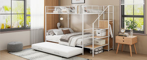 English Elm Twin Metal Bunk Bed with Trundle, Lateral Storage Ladder & Wardrobe | Space-Saving Durable Design White SF000173AAK