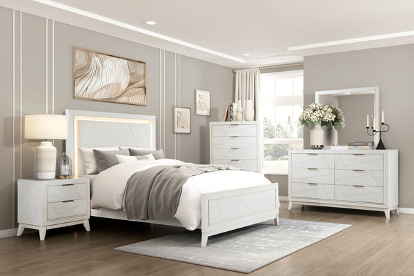 English Elm Antique White Oak Queen Bed Ivory Chenille Headboard Led Glow Geometric Modern B011S01615