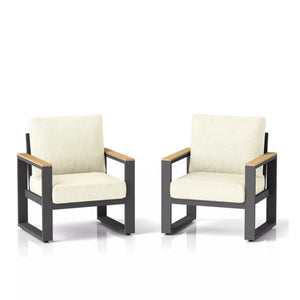 English Elm Set of 2 Powder-coated Aluminum Outdoor Armchairs with Ergonomic Reclined Cushioned Seats Beige+Black B082P455136