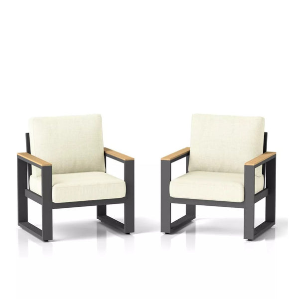 English Elm Set of 2 Powder-coated Aluminum Outdoor Armchairs with Ergonomic Reclined Cushioned Seats Beige+Black B082P455136