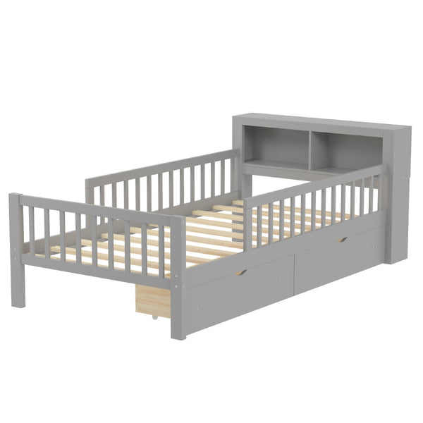 English Elm Twin Size Bed With Headboard Storage, Two Drawers & Safety Guardrails - Stylish Gray Design! N733P272374E-GIGA