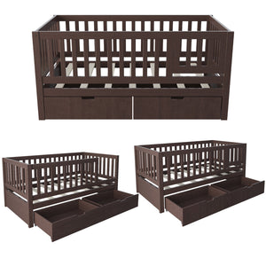 English Elm Convertible Toddler Daybed Solid Pine Kids Bed with Storage Drawers and Removable Rails Espresso N899P429848N