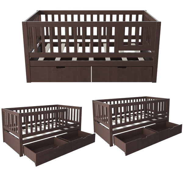 English Elm Convertible Toddler Daybed Solid Pine Kids Bed with Storage Drawers and Removable Rails Espresso N899P429848N