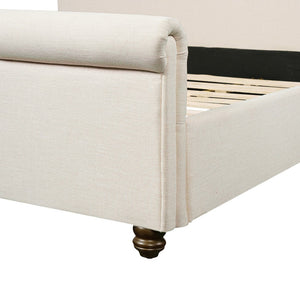 English Elm King Upholstered Bed Linen Fabric Rolled Headboard Rubberwood Legs Primary Bedroom Beige N757K384825I