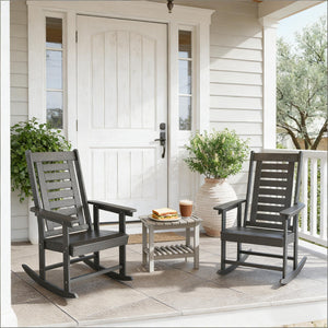 English Elm Black Hdpe Slatted High Back Rocking Chair Set for Porch Patio Deck Outdoor Use Dark Gray T3971P444244