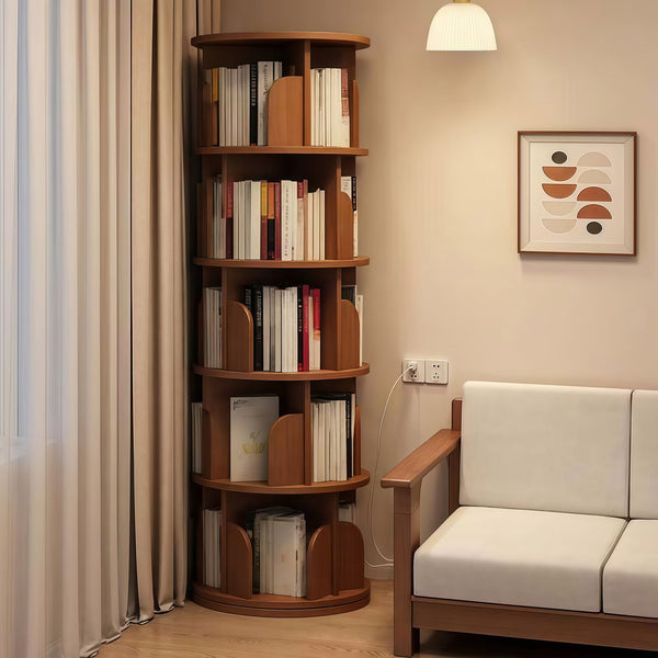 English Elm 5 Tier Rotating Bookshelf Tower with 360° Spin, Space-Saving Corner Display, Modern MDF Storage Unit Walnut W3204P355670