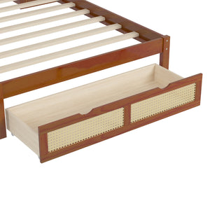 English Elm Twin Multifunctional Bed with Rattan Headboard Storage, Drawer & Shelves — Space-Saving Pine Design Walnut 50.4 L x 19.8 W x 5.5 H N733S241280D