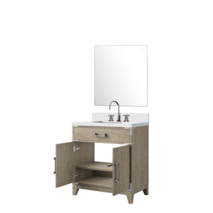 English Elm Grey Oak Single Bath Vanity with White Quartz Top, 30" W, Mirror & Chrome Faucet Set, Durable Finish B2731S02006