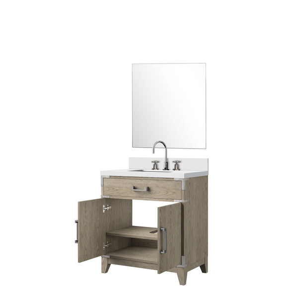 English Elm Grey Oak Single Bath Vanity with White Quartz Top, 30" W, Mirror & Chrome Faucet Set, Durable Finish B2731S02006