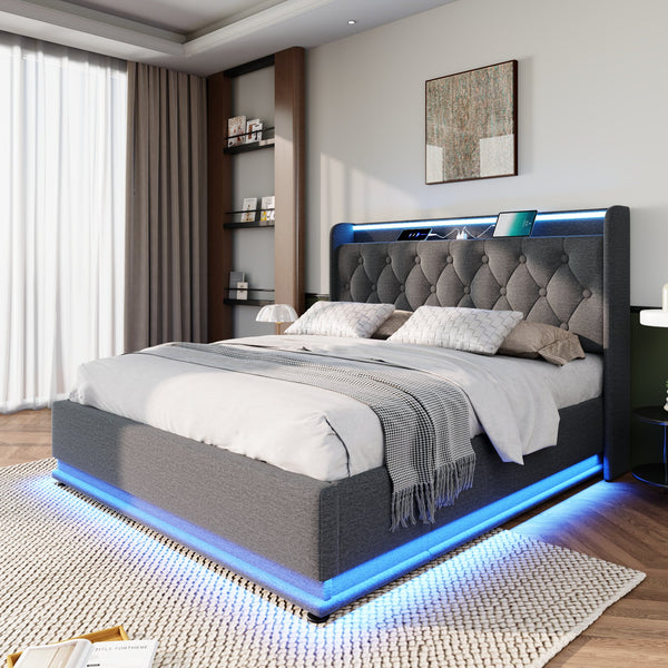 English Elm Queen Upholstered Bed with Surround LED, App/Remote Control, Hydraulic Storage, USB Type-C Charging Gray N736P188807G