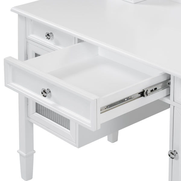 English Elm 44.4" Elegant Makeup Vanity Desk with Swivel Mirror, 5 Drawers, Cabinets & Padded Stool — White N844P292486A