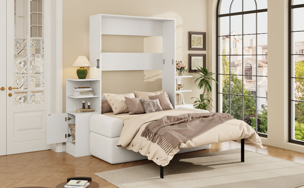 English Elm Full Size Murphy Bed System with Integrated Sofa and Storage Towers for Guest Rooms White LP000380AAK