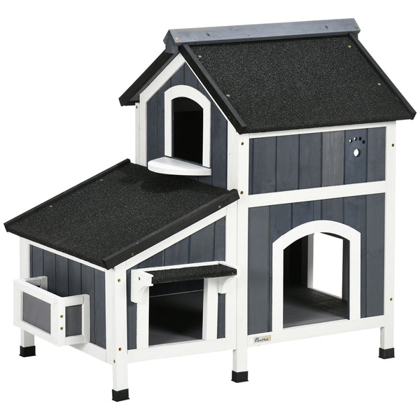 English Elm PawHut Weatherproof Outdoor Cat House with Raised Floor, Garden Planter & Multiple Entrances for Comfort and Play Gray W2225P217560