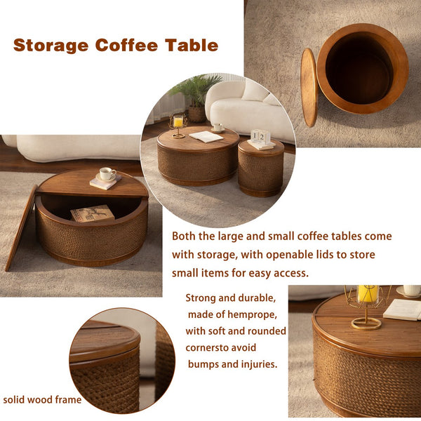 English Elm Round Rattan Storage Coffee Table Hand Woven Hemp Trim Bohemian Accent for Living Rooms W3081P464744