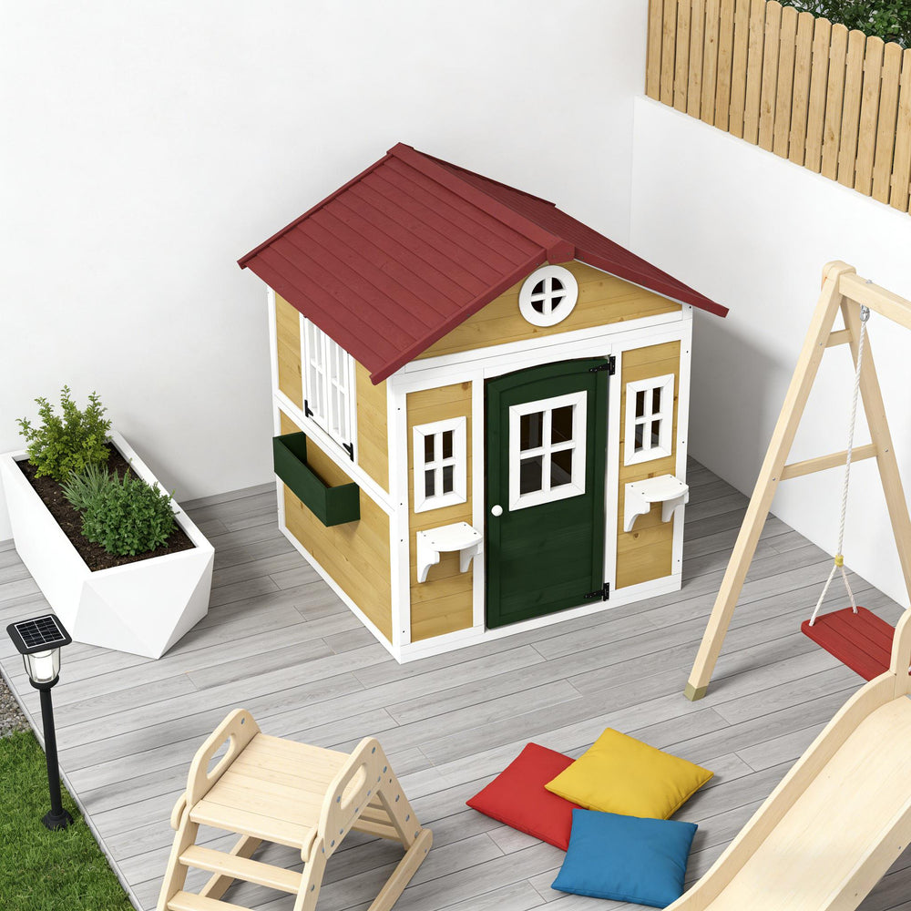 English Elm Toddlers Solid Fir Wood Outdoor Playhouse Cottage with Planter Boxes for Imaginative Play T3971P442836