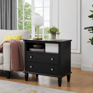 English Elm Open Dresser Nightstand with Charging Station and Open Shelf, 2 Drawers, Solid Wood Legs, Farmhouse Appeal Black W1693P216933